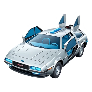 Retro-futuristic hover car inspired by the DeLorean, gullwing doors, silver metallic body with blue-tinted windows, stylized jet boosters in the back, flat vector style, outlined shapes, minimal design sticker