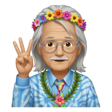 elderly man with long grey hair, glasses, peace sign necklace, tie-dye clothing, flower crown sticker
