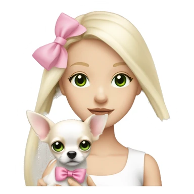 pale blond girl with long platinum hair with green eyes holding a white chihuahua puppy that wearing a pink bow sticker