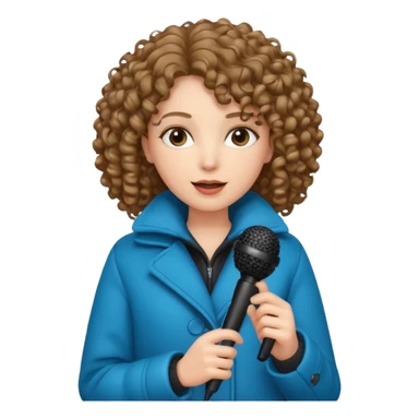 curly haired woman with winter clothes holding microphone sticker
