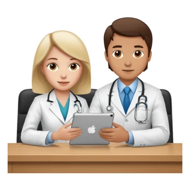 A sales rep showing content on and iPad to a physician who is sitting behind a desk sticker