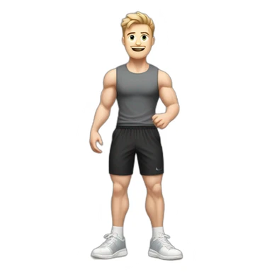 Full height Actively gesturing with hands Pale skinned Fit Man With the biceps and light brown hair with Bristle in dark gray Sleeveless Mike, black oversize sports shorts and white Sneakers sticker