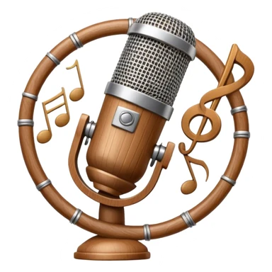 Create a warm and inviting humanless emoji representing folk singing. The design should feature a traditional microphone, perhaps with a wooden texture, symbolizing the rustic and authentic feel of folk music. Surround the microphone with subtle elements such as a hand-played tambourine, an accordion, or a balalaika to reflect the folk instruments. Add flowing musical notes to symbolize the vocal melodies. Use earthy, natural colors like browns, reds, and greens to evoke a sense of tradition, warmth, and connection to the community. The background should be transparent. sticker