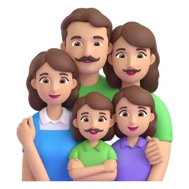 a family of three: mom with brown hair, dad with brown hair and a mustache, and a brown-haired daughter, all together, friendly 3D emoji style sticker