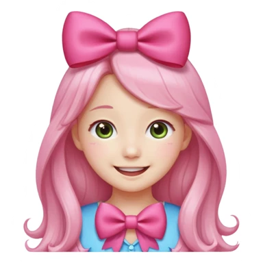 wonyoung as an apple-style emoji, smiling with sparkling eyes, long hair, pink bow sticker