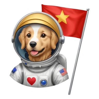 golden retriever standing in space suit holding red rectangle flag sticker
