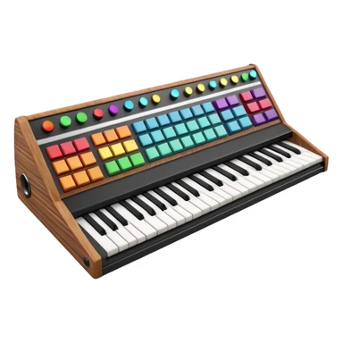 3D render of Synthesizer, vintage 1980s audio equipment aesthetic, tactile analog buttons, black matte keys with colorful rainbow slider knobs, mixed wood grain and brushed aluminum textures, Apple emoji style, isolated on white background --v 6.0 sticker