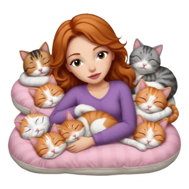 girl with long wavy brown hair, long lashes makeup, sexy pink lips, light to medium complexion,  sleeping on a cozy pillow, with 6 cats: 1 ginger/white, 1 grey with white paws, 1 calico, 2 grey and white and one tabby and white sticker