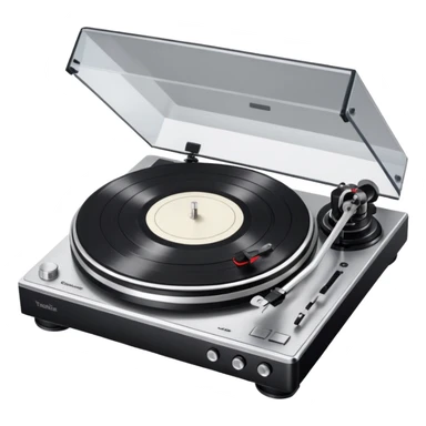 Technics turntable, perfect and clean, smooth waxy surface, realistic platter and tonearm details, silver and black sticker