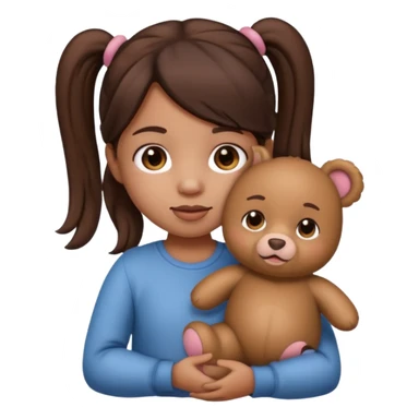 Toddler emoji with two pigtails dark brown hair holding stuff sticker
