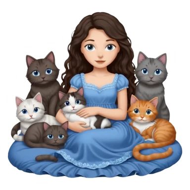 detailed realistic looking a dark grey and white cat regally laying with six other cats, cuddling with their owner in bed who is a pretty bratz lightly tanned white girl with long dark brown hair, blue eyes and gorgeous long wavy hair wearing a pretty detailed dress sticker