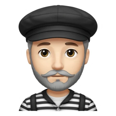 White Man with a dark grey beard and a black newsboy cap. He is wearing a black and white striped shirt. He has dark black eyeliner  sticker