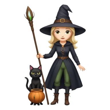 a witch with a hat and a broomstick and a black cat sticker