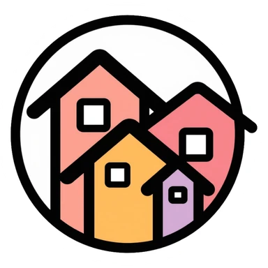 Community of houses in a circle, minimalist homelessness support logo sticker