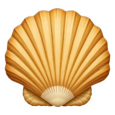 A madeleine pastry. Scalloped seashell shape with four to five vertical lines going in the same direction. Light golden brown. Scalloped edge. Cookie. Flat. Long. Oval shape sticker