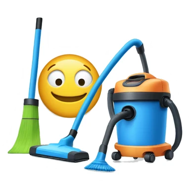 broom and vacuum cleaner, set against a blue background of a home cleaning session sticker