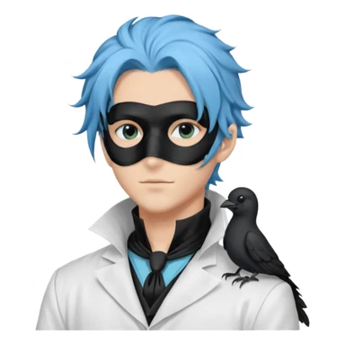 Handsome sexy adult anime man with light-blue hair and a black bird beak mask that covers whole face, black face mask, black mouth mask, black feathers draped over shoulder, wearing a white lab coat, long thin hair tendrils on the sides, blue cravat sticker