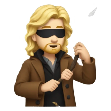 A young man with long blonde hair like waterfall, long blonde beard, red left eye, black right eyepatch, wearing a brown animal coat and holding a golden awl. sticker