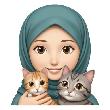 White girl wearing hijab holding a black grey tabby cat while smiling sticker