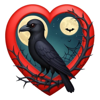 red heart with a black raven, moon, and spiderweb, dark romance sticker