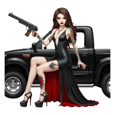 Lilith symbol red eye seductress evil long brown haired sexy succubus woman with leather long dress with slit, sitting in Big Large F350 pickup truck. Black Platform high heels on feet. Tattoo sleeve arms, seat full of stacks of cash, and a man dead human skull of her enemies and a gun in other hand sticker