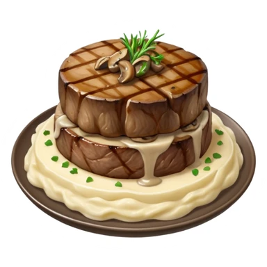 Filet with mashed potato’s and mushroom gravy with grilled onions sticker