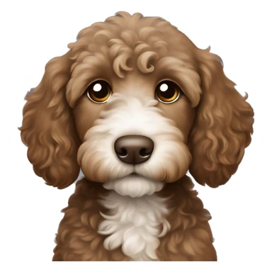 Brown Labradoodle puppy with white patch on tummy brown face and a collar that says “moose” sticker