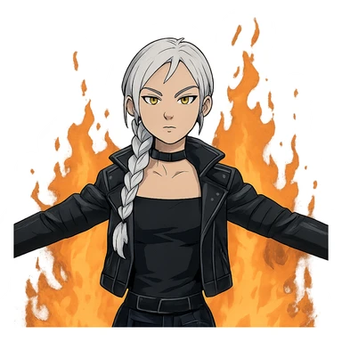  young woman with gold yellow eyes, white hair, long braid, black off-shoulder top, punk gothic style, futuristic cyberwave cyberpunk,, she is calmly t-posing in front of a raging fire sticker