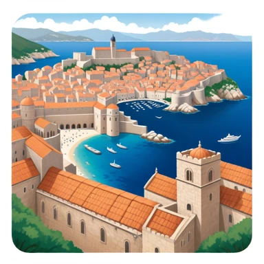 Cinematic Realistic Dubrovnik Landmark Emoji, showcasing the historic walled city with its terracotta rooftops, stone fortifications, and the deep blue Adriatic Sea stretching beyond. sticker