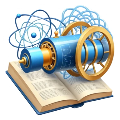 An icon featuring a physics textbook, a large Hadron Collider with particles flying off, symbolizing the study of physics. The design includes atomic models, energy waves, and scientific formulas, representing fundamental physical principles and research. Transparent background. sticker