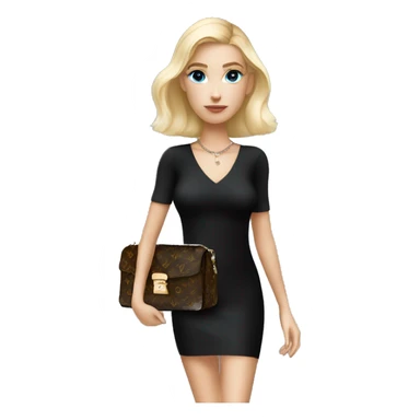 Blonde girl with bright blue eyes holding Louis Vuitton monogram bag in tight short all black dress sticker