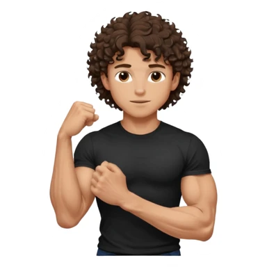 muscular teen boy with veiny hands arms and biceps. has messy brunette curly hair with tan skintone with black tshirt sticker