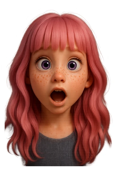 Redraw this character in a 3D Disney style with a surprised expression, keeping the pink hair, purple eyes, and freckles. Reference the original likeness. The style should reflect a vibrant, detailed 3D Disney animation look with expressive features and soft shading. sticker