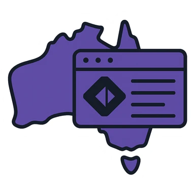 Integrate the official Microsoft Power Pages icon prominently into the map of Australia with digital web page overlay, use #403DAD as the main color, keep the modern and techy look, no text sticker