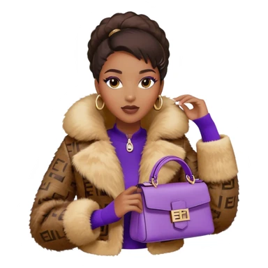 Beautiful black woman wearing a brown monogram Fendi jacket with a fur trim. She is carrying a purple Fendi baguette bag. I want the image to start at her head and end at the chest sticker