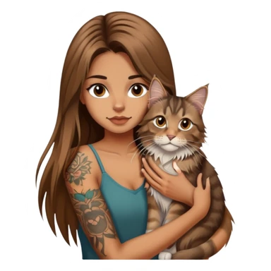 girl with long brown  straight hair and tattoos and a tabby Maine coon cat sticker