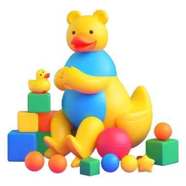bright playful toys scattered - blue teddy bear, yellow rubber duck, colorful building blocks, rainbow ball, cartoon action figure sticker