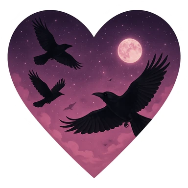  heart with pink night sky and dark ravens, remove background sticker