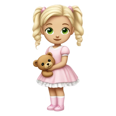 Little  babygirl with White skin, green eyes. Light blonde hair in two ponytails, with light pink bows.  She is wearing a light pink and White dress, holding a teddybear with a pink bow. sticker