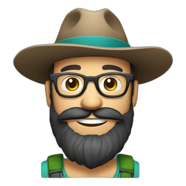 happy smile gardener face long dark beard and bald dark hair round glasses brown eyes and a hat sticker