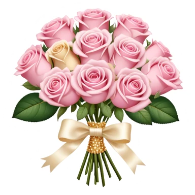 Romantic bouquet of pastel pink roses tied with an ivory satin ribbon, delicate golden sparkles. sticker