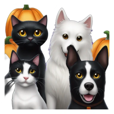 Completely Black cat next to two white dogs next to Halloween pumpkin with Elvira mistress of the dark sticker