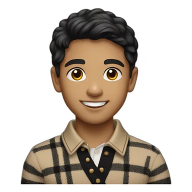 light skin smiling indian kid with black hair wearing a burberry sweater polo sticker