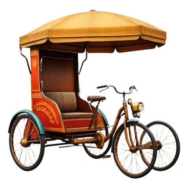 ​Cinematic Realistic Tricycle Rickshaw, depicted as a vintage manually operated vehicle featuring two front wheels and a single rear wheel, rendered with detailed rustic textures, vibrant colors, and dynamic urban lighting that captures its unique design and cultural charm, sticker