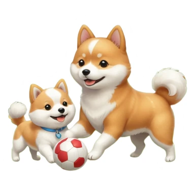 2 dogs, a ginger shiba inu and a small white dog breed coton de tulear, playing with a ball in a sunny garden sticker