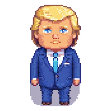 Donald Trump in pixel art style, recognizable blond hair and blue suit, simple facial features, no text sticker