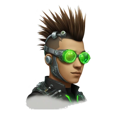 Mohawk hair with neon green highlights Asian male cyborg head with neon silver steampunk goggles and circuits sticker