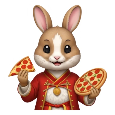 rabbit, wearing chinese ancient custome, with pizza sticker