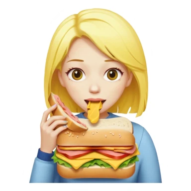A woman with yellow hair and yellow skin eating a HUGE sandwich sticker