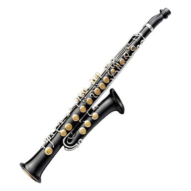 Create a sleek and professional emoji representing a black standard clarinet. The design should feature a smooth, glossy black body of the clarinet with shiny, silver keys clearly visible. Highlight the intricate details of the mouthpiece and reed at the top, while the body of the instrument should remain simple and elegant. Add subtle musical notes or soundwaves floating around the instrument to symbolize its clear, melodic sound. Use black for the body, silver for the keys, and soft lighting effects to give the instrument a polished, sophisticated look. The background should be transparent. sticker